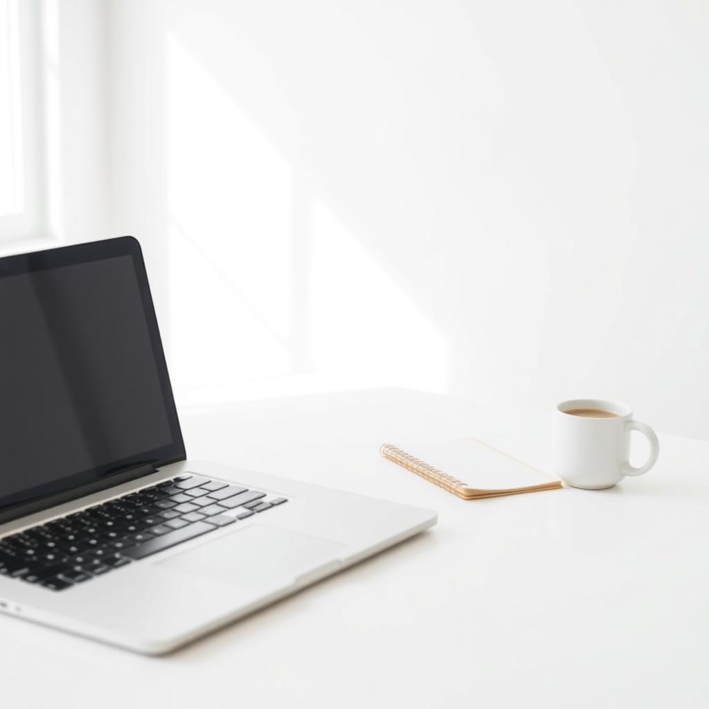 Ein aufgeräumter Schreibtisch mit einem Laptop, einem Notizblock und einer Tasse Kaffee vor einem minimalistischen weißen Hintergrund.