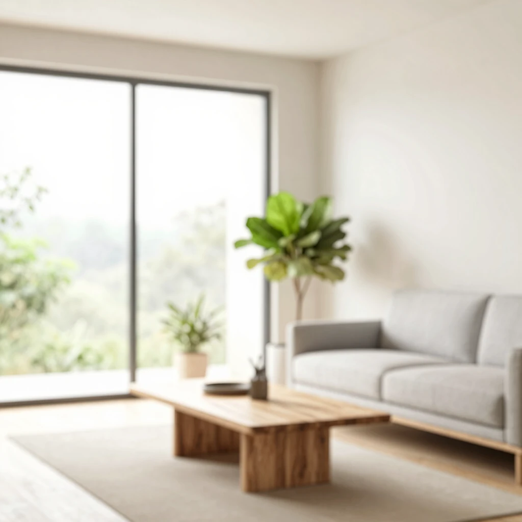 Ruhiges, minimalistisches Wohnzimmer mit natürlichem Licht und wenigen ausgewählten Möbeln
