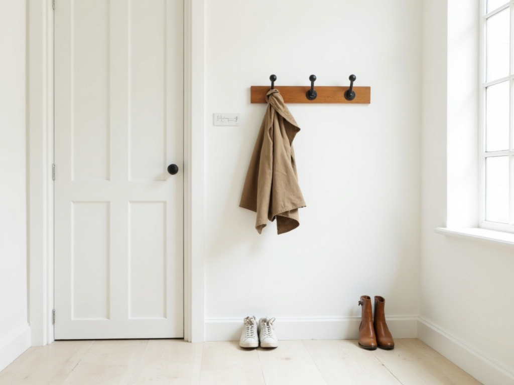 Minimalistischer Flur mit einem Mantel und wenig Möbeln