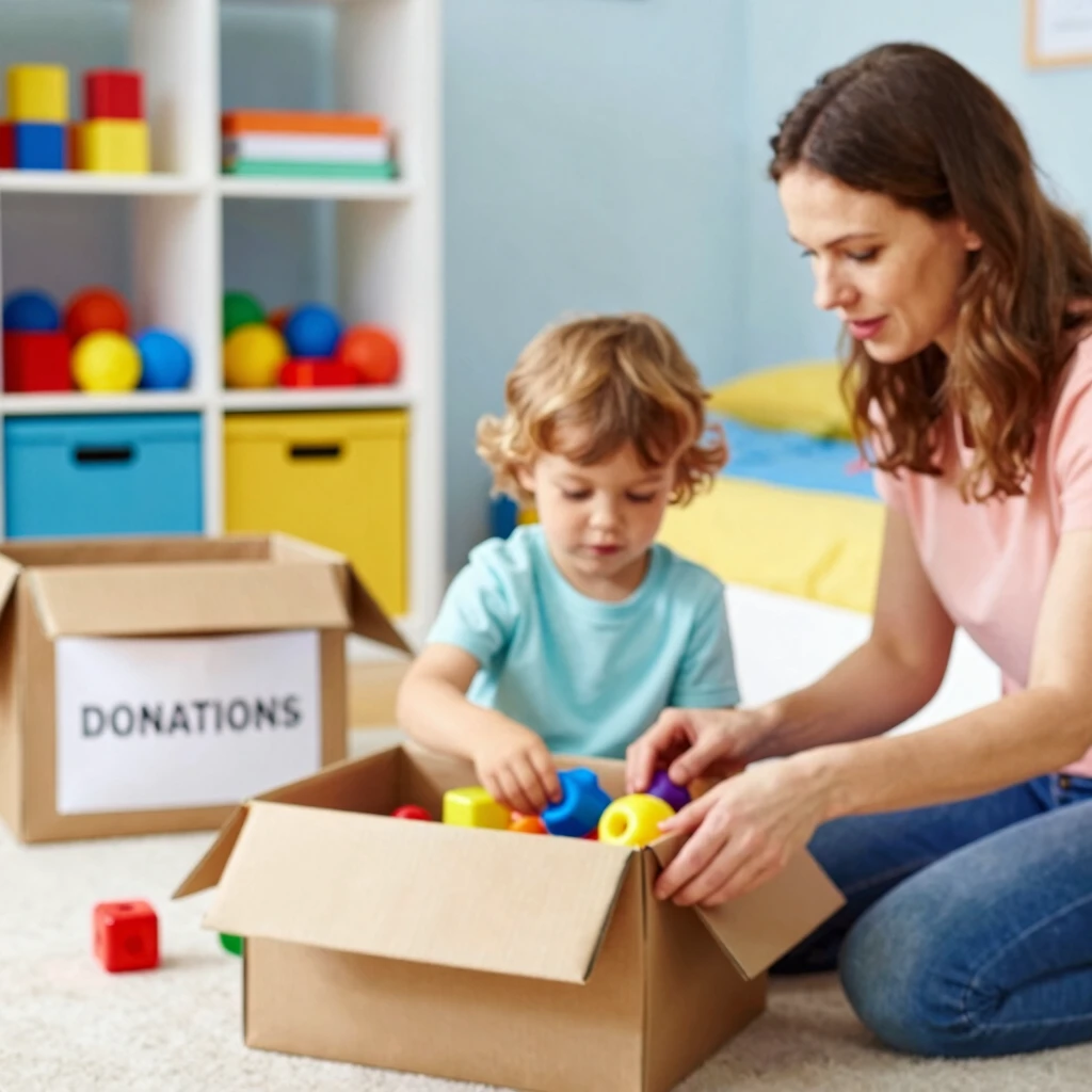 Kind und Elternteil sortieren Spielzeug im aufgeräumten Kinderzimmer