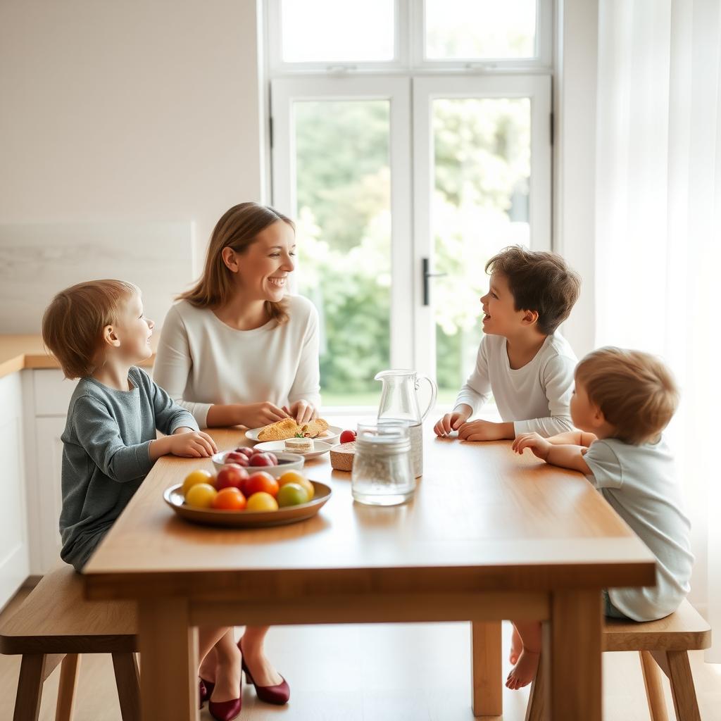 Eine Familie frühstückt in einer minimalistischen Küche mit einem einfachen Holztisch und frischem Obst.