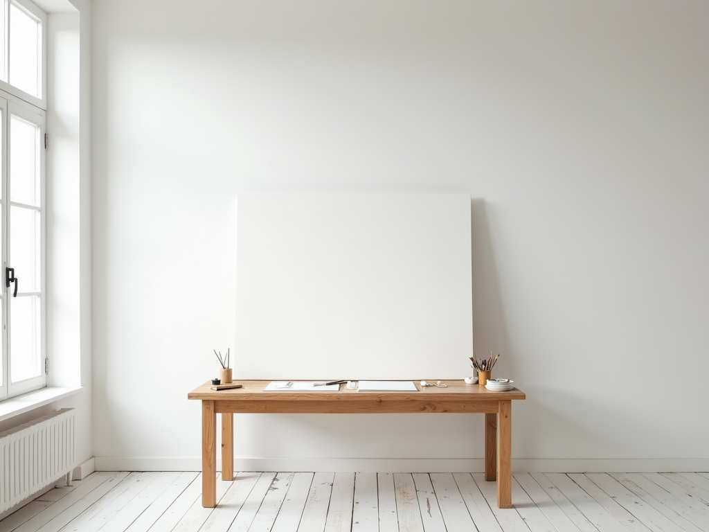 Minimalistisches Atelier mit aufgeräumtem Arbeitsplatz und natürlichem Licht