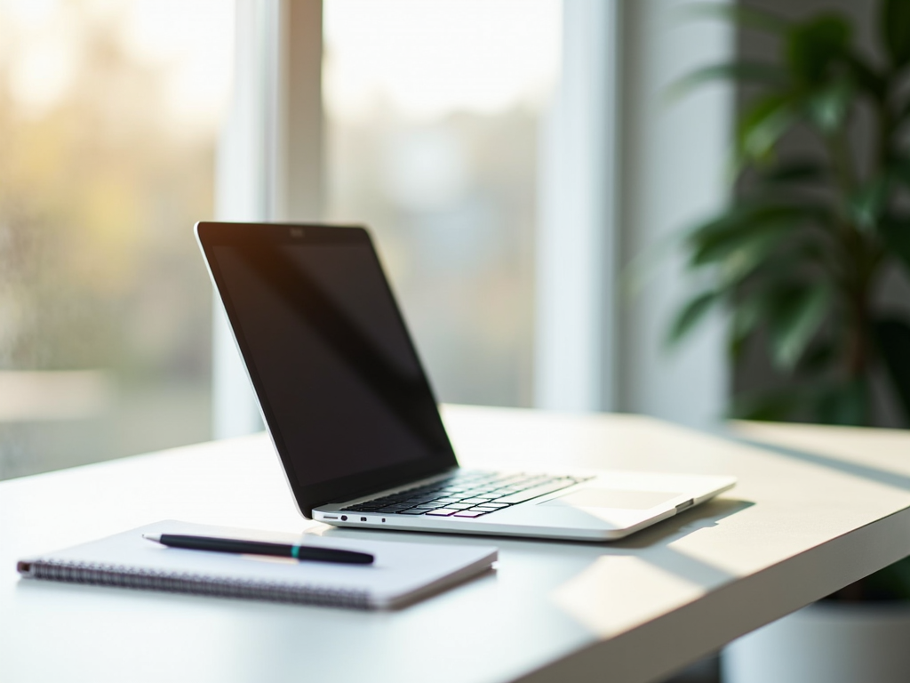 Minimalistischer Arbeitsplatz mit Laptop und Notizbuch