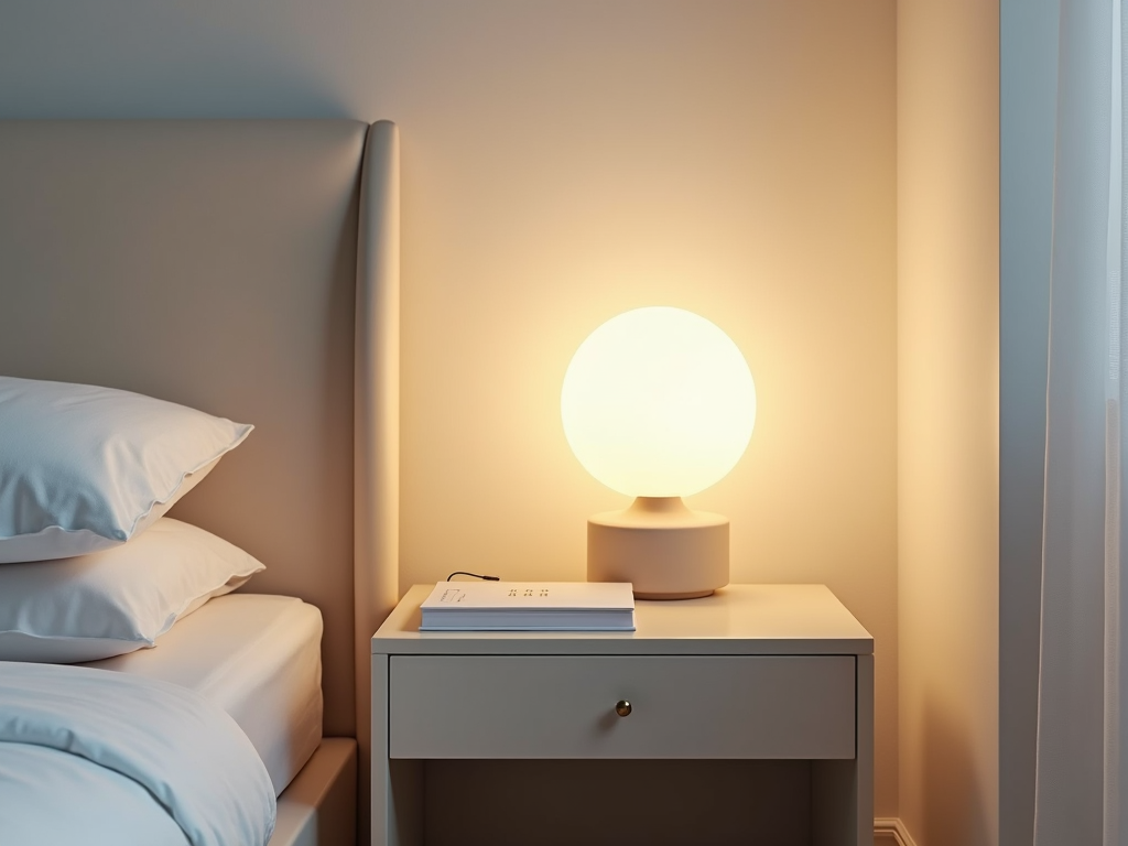 Ein minimalistischer Nachttisch mit Lampe und Buch.