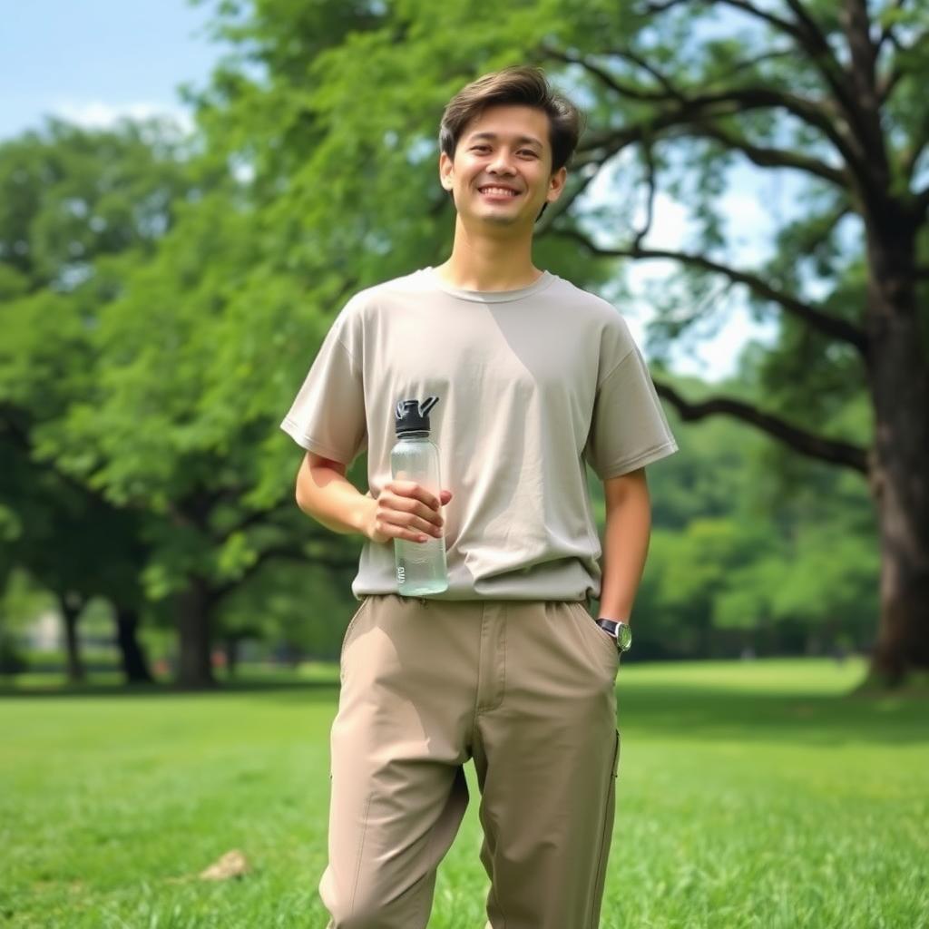 Eine Person in schlichter Kleidung steht in einem grünen Park mit einer wiederverwendbaren Wasserflasche, umgeben von Bäumen und offener Natur.