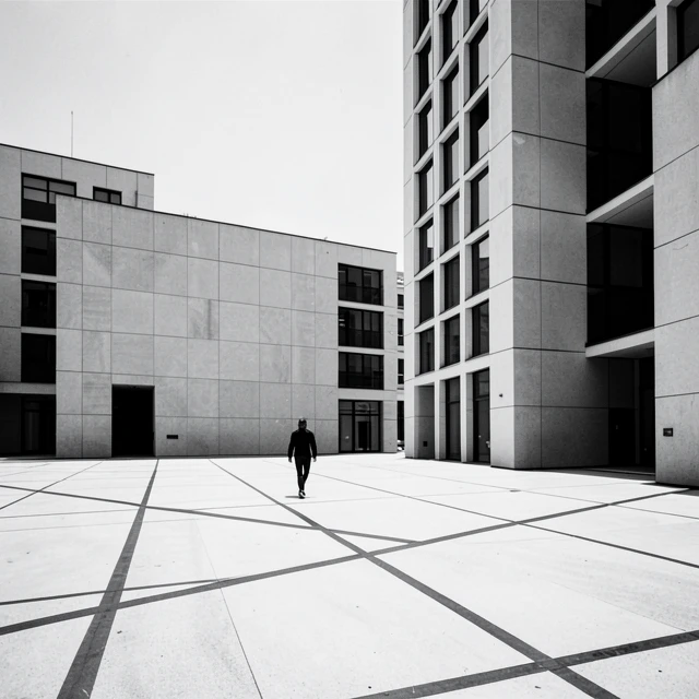 Minimalistische Straßenszene mit einsamer Person in geometrischer Umgebung