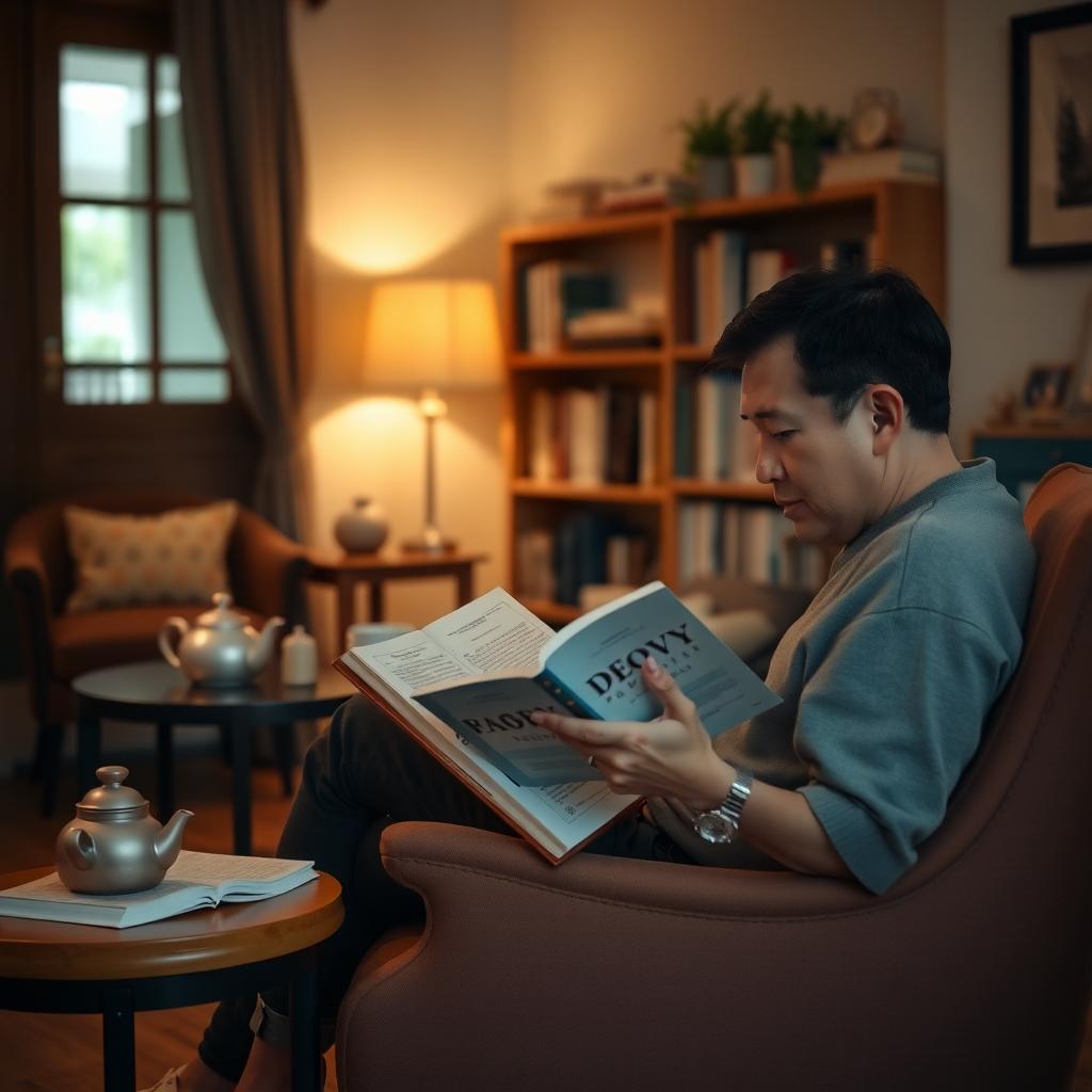 Eine Person liest ein Buch in einem gemütlichen Wohnzimmer mit warmem Licht, ohne elektronische Geräte.