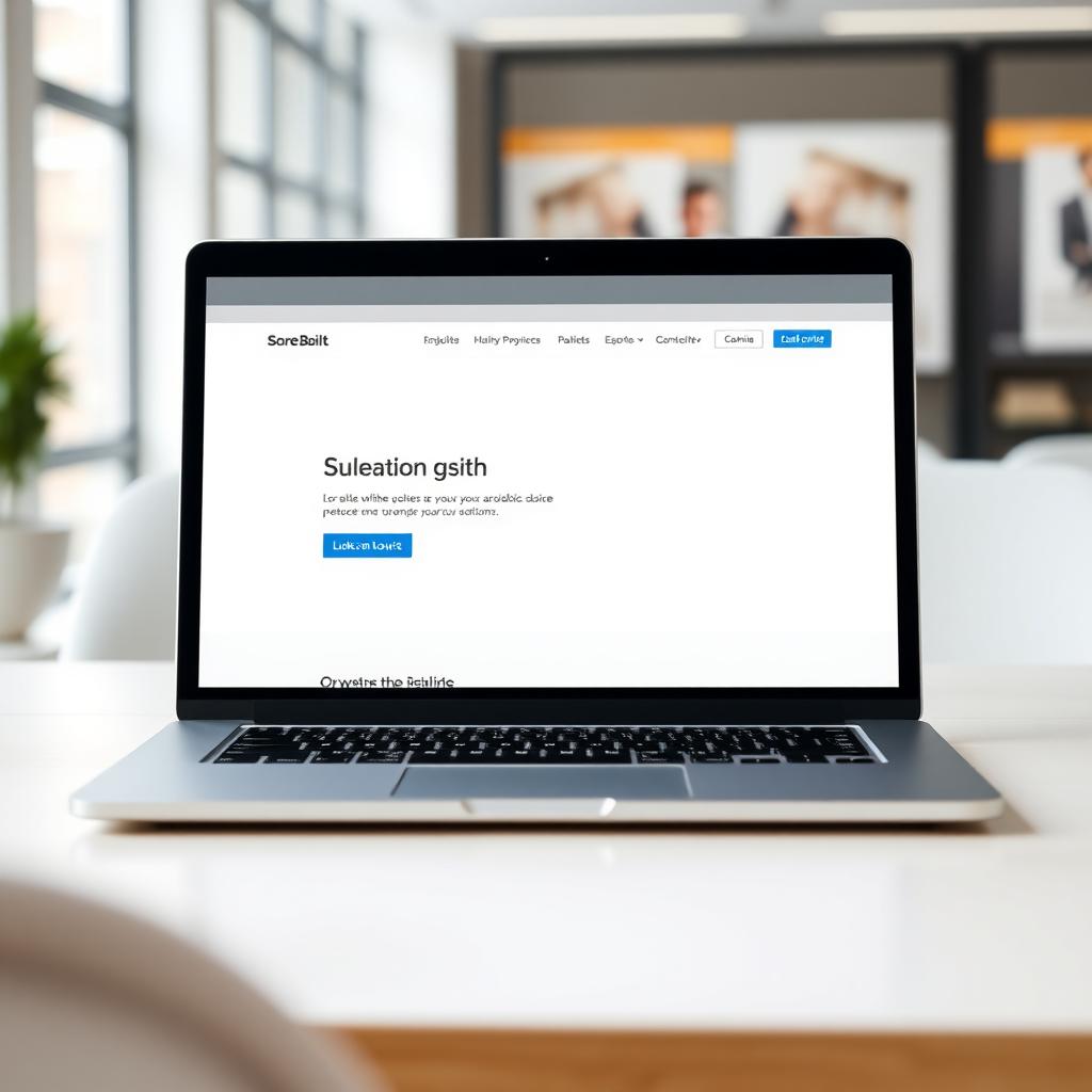 Minimalistische Website mit weißem Hintergrund, grauem Text und blauen Buttons auf einem Laptop-Bildschirm.
