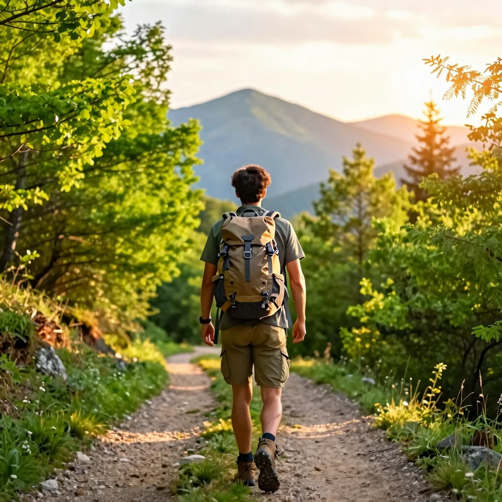 Reisender mit kleinem Rucksack in der Natur