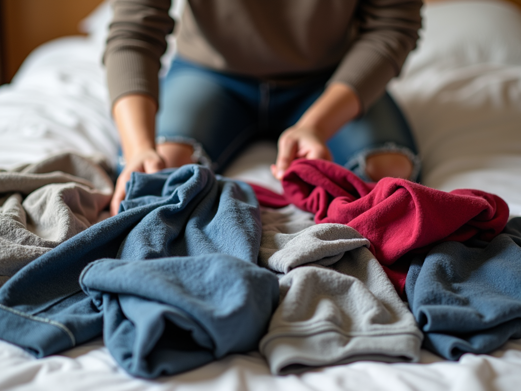 Eine Person sortiert einen Kleiderhaufen auf dem Bett, behält nur wenige Teile und legt den Rest beiseite.