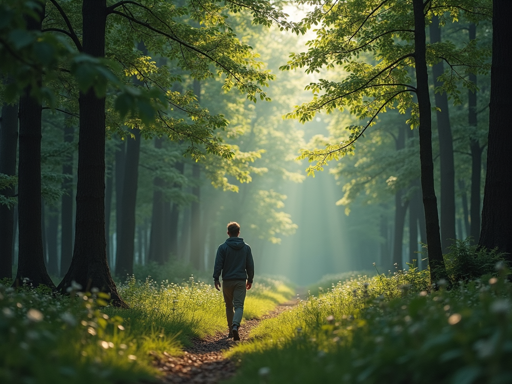 Eine Person, die in einem ruhigen Wald spazieren geht und die Ruhe und Einfachheit der Natur genießt.