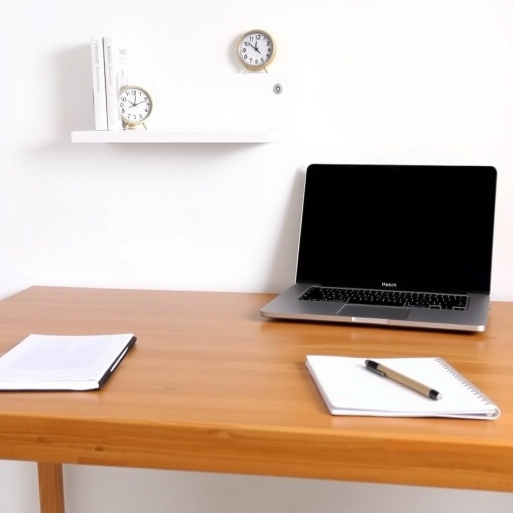 Ein ordentlicher Schreibtisch mit Laptop, Notizbuch und Stift vor einer weißen Wand mit einem minimalistischen Regal.
