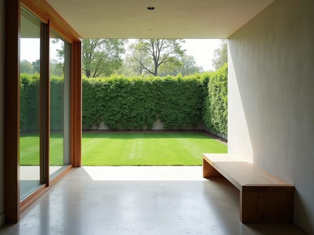 Minimalistische Terrasse mit Holzsitz und Naturblick.