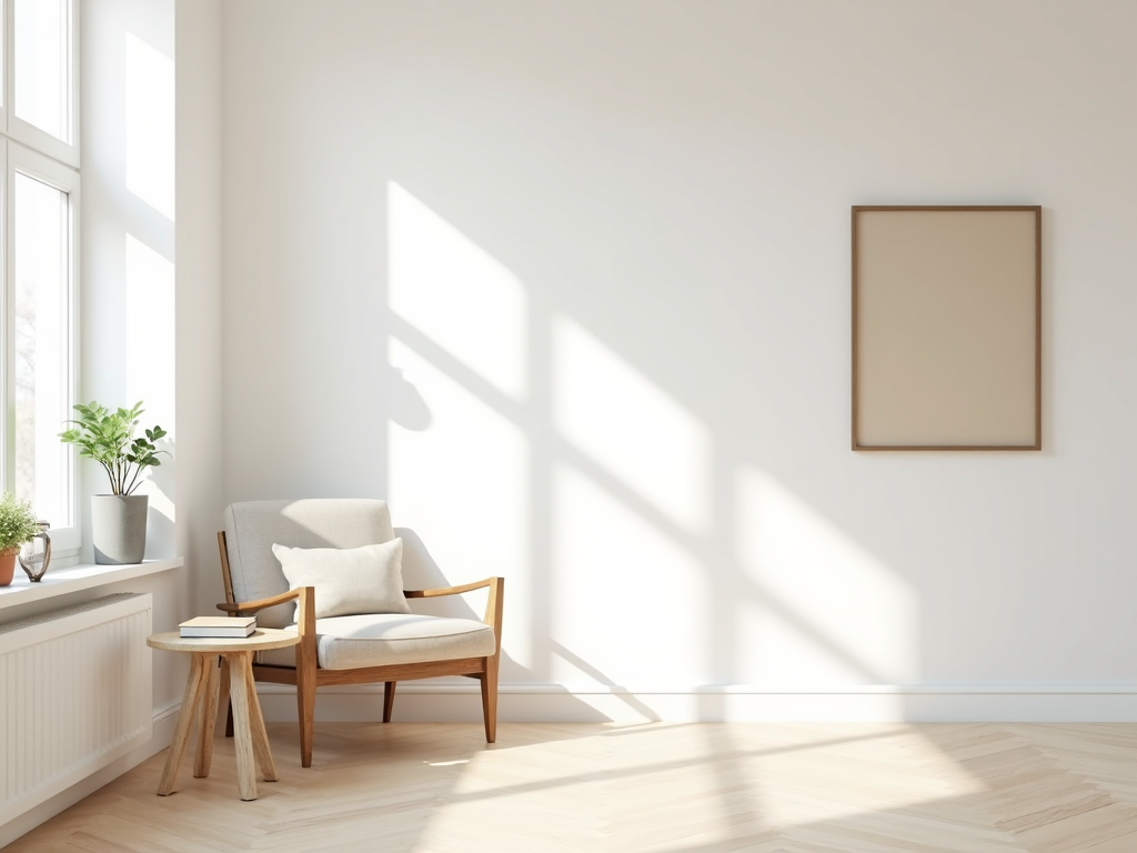 Ein minimalistisches Wohnzimmer, das Ruhe und Klarheit ausstrahlt.