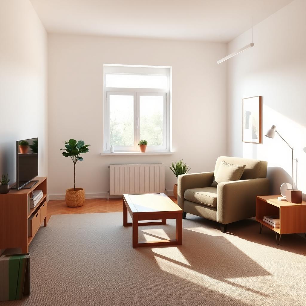 Gemütliches Wohnzimmer mit minimaler Einrichtung: ein Holztisch, ein Sessel und ein kleines Bücherregal mit wenigen Büchern, beleuchtet von natürlichem Licht.