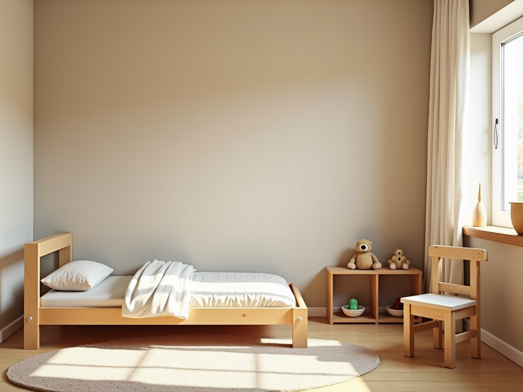 Minimalistisches Kinderzimmer mit einfachem Holzbett und viel Spielfläche