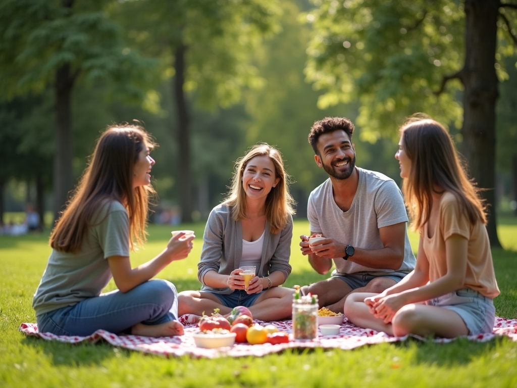 Eine Gruppe von Freunden, die ein Picknick im Park genießen, mit einfachem Essen und minimalen Gegenständen.