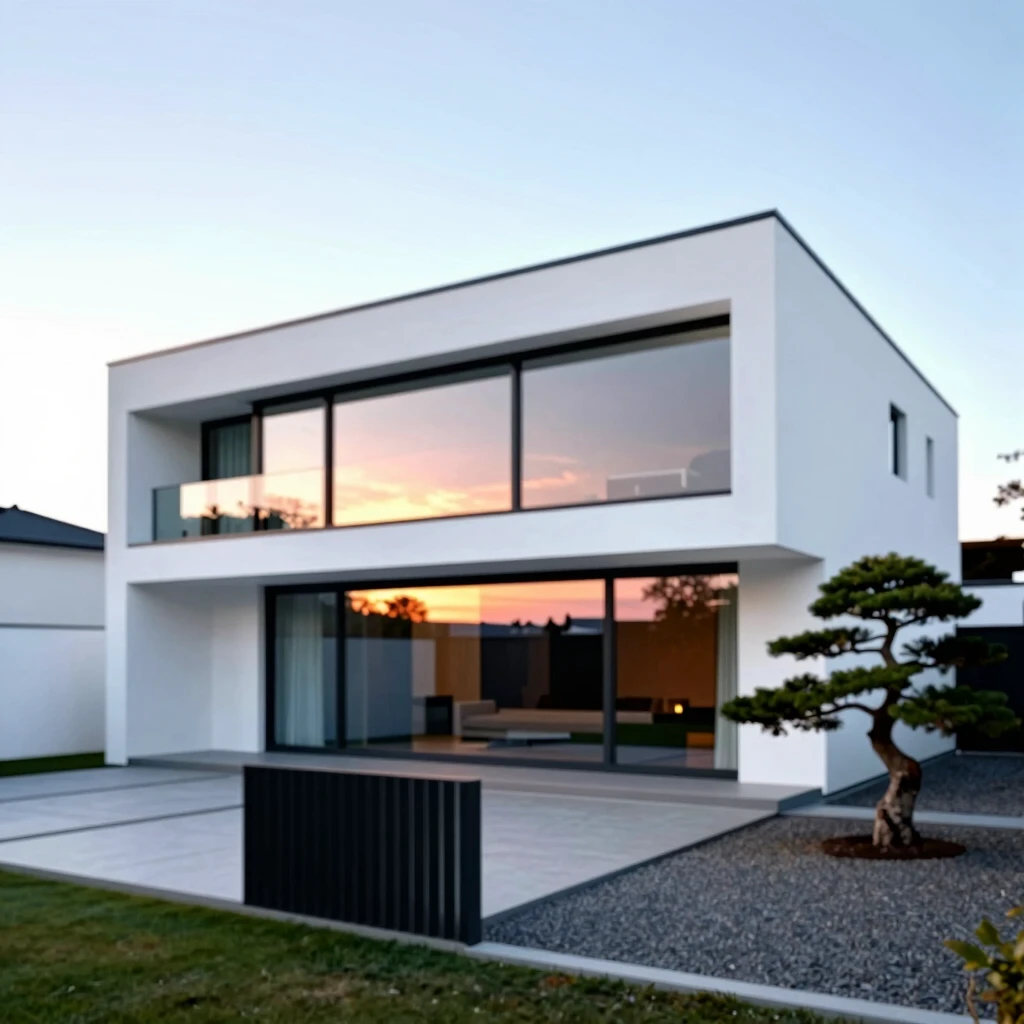 Modernes minimalistisches Haus bei Dämmerung mit klaren Linien und Glasfassaden