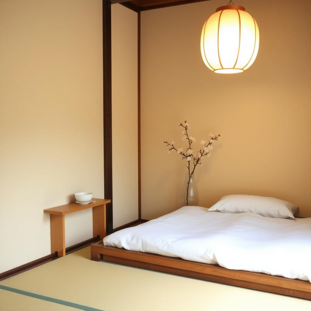 Ein aufgeräumtes japanisches Schlafzimmer mit einem niedrigen Futon-Bett, weißem Bettzeug und einer einzelnen Kirschblütenzweig in einer Vase.