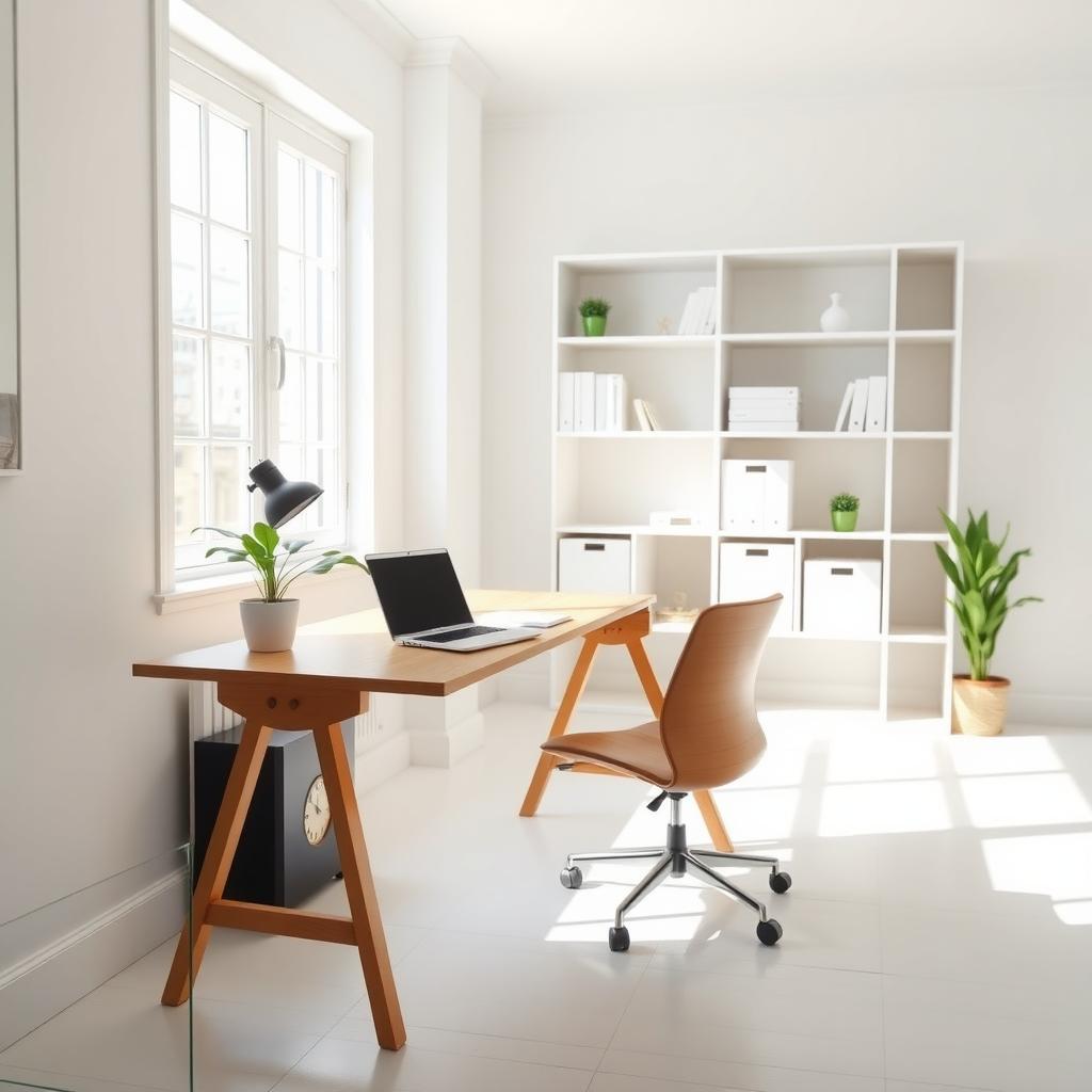 Ein heller, minimalistischer Arbeitsplatz mit einem sauberen Holztisch, einem Laptop, einer kleinen Topfpflanze und ordentlichen Regalen im Hintergrund.