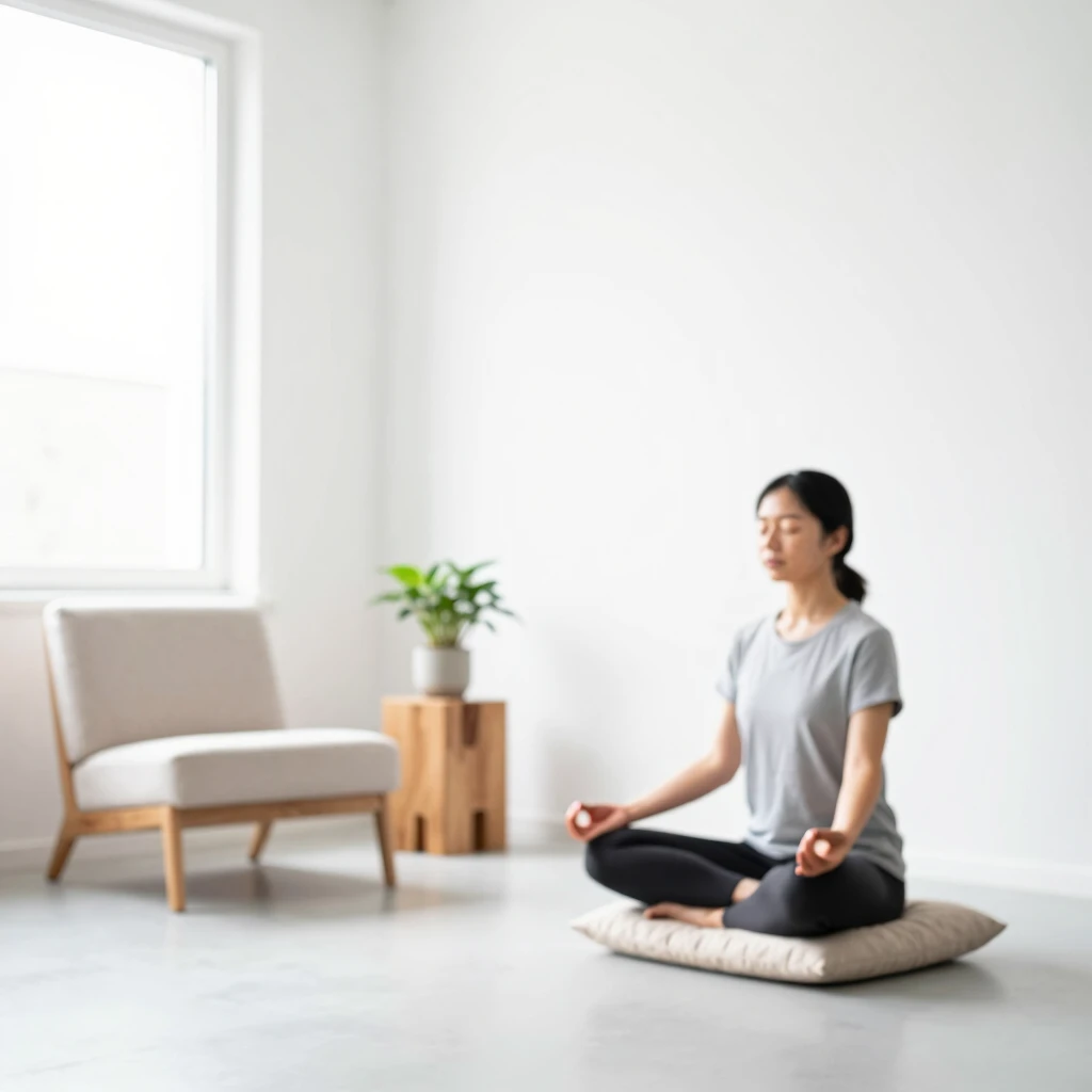 Ein minimalistisches Wohnzimmer mit einer Person, die meditierend auf einem Kissen sitzt