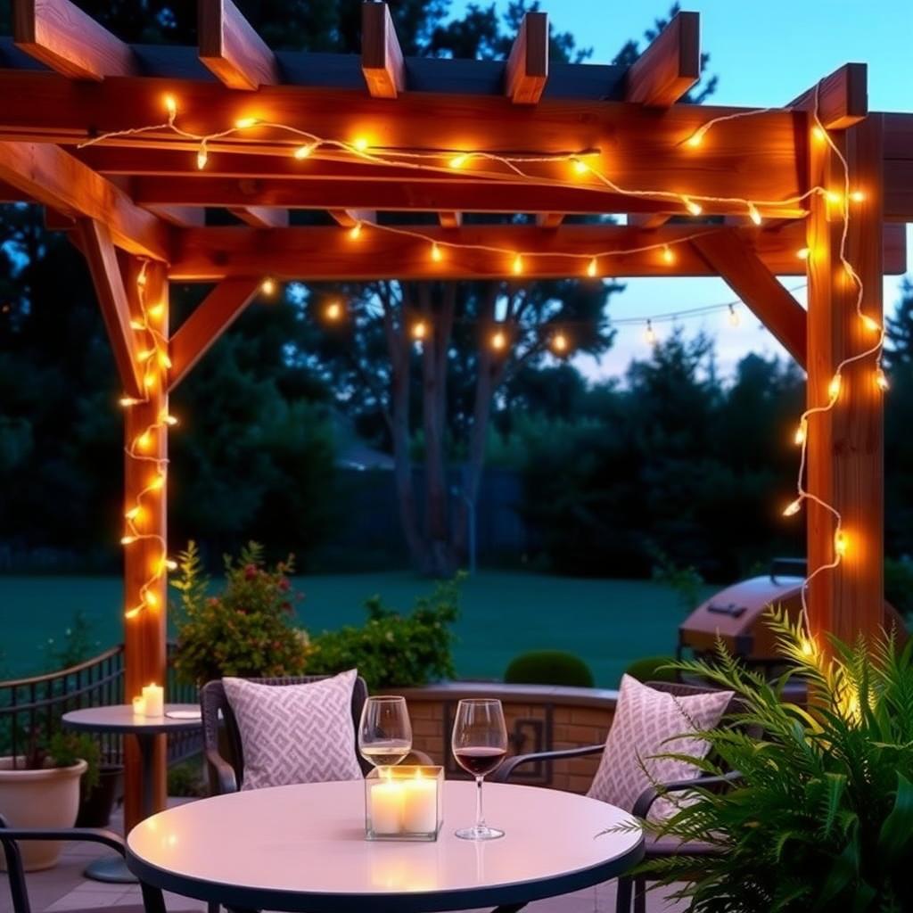 Gemütliche Terrasse in der Dämmerung, beleuchtet von warmen LED-Lichterketten, die über eine Holzpergola drapiert sind, mit einem kleinen Tisch, Kerzen und einem Glas Wein.