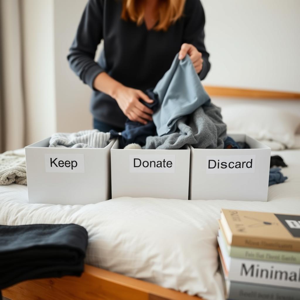 Eine Person sortiert Kleidung auf einem Bett in drei beschriftete Kartons: 'Behalten', 'Spenden' und 'Entsorgen' in einem hellen Raum mit einem Buch 'Minimalismus' auf dem Nachttisch.
