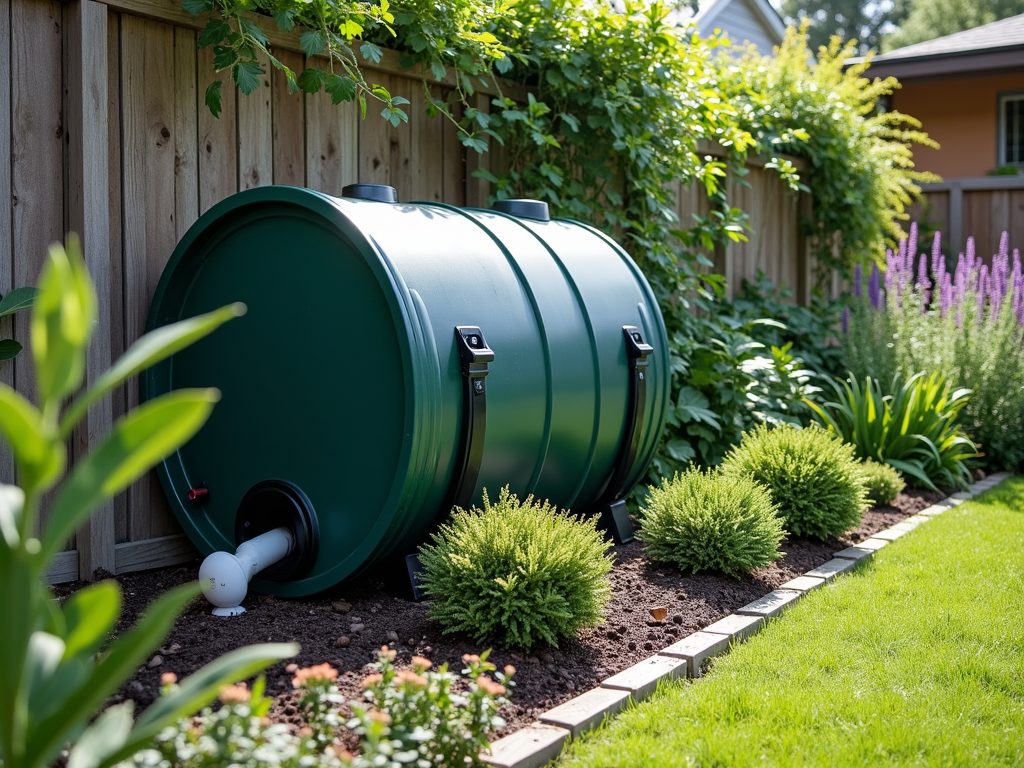 Ein Garten mit einem Regenwassersammelsystem, das einen großen Fass und verschiedene Pflanzen zeigt.
