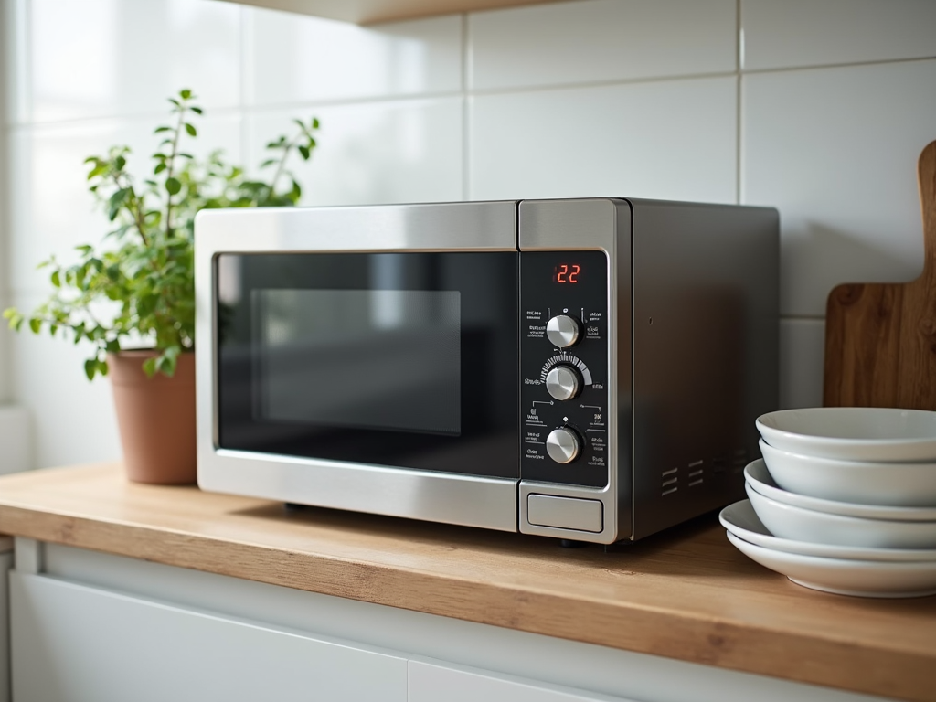 Kompakte Mikrowelle auf Küchenarbeitsplatte in kleiner Wohnung.