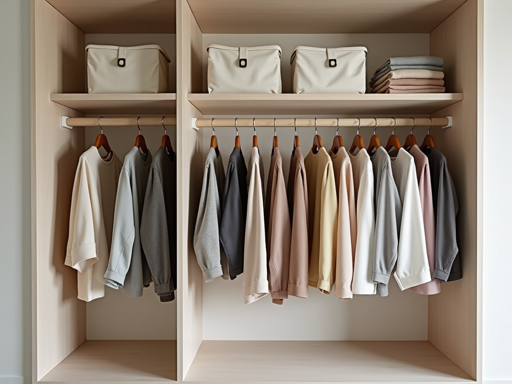 Ein ordentlicher Kleiderschrank mit einer kleinen Auswahl an Kleidungsstücken in einer einfachen Farbpalette.