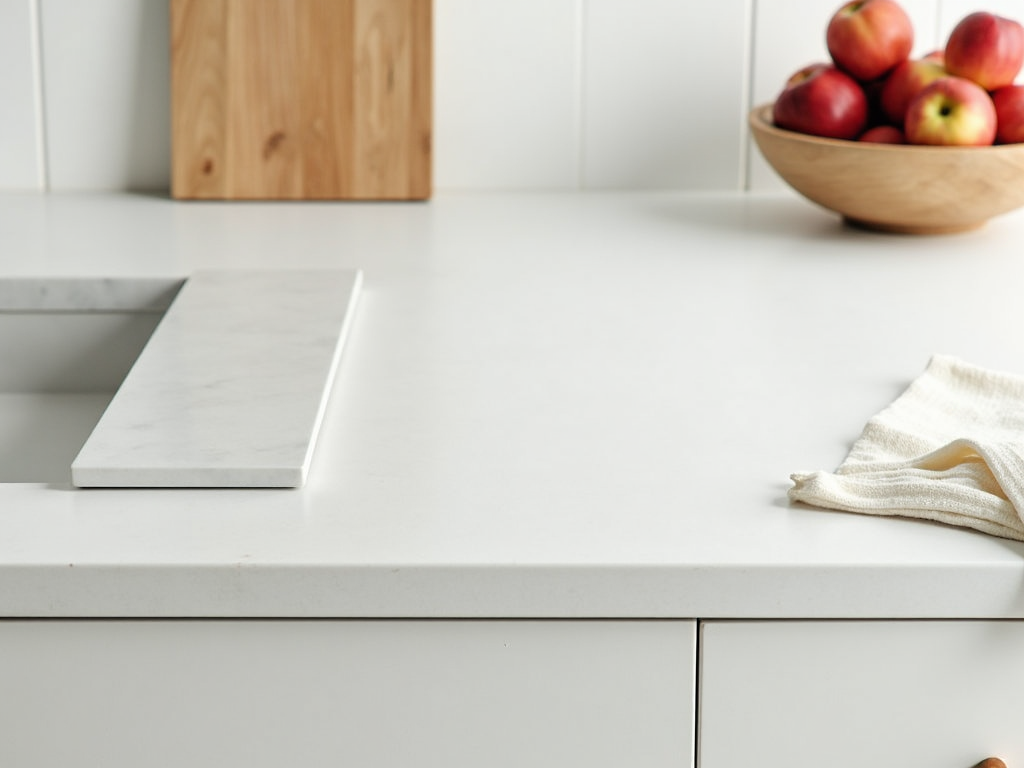 Minimalistische Küche mit aufgeräumten Flächen und frischen Äpfeln