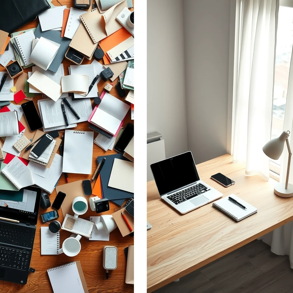 Vorher-Nachher-Vergleich: Überladener vs. essentieller Arbeitsplatz