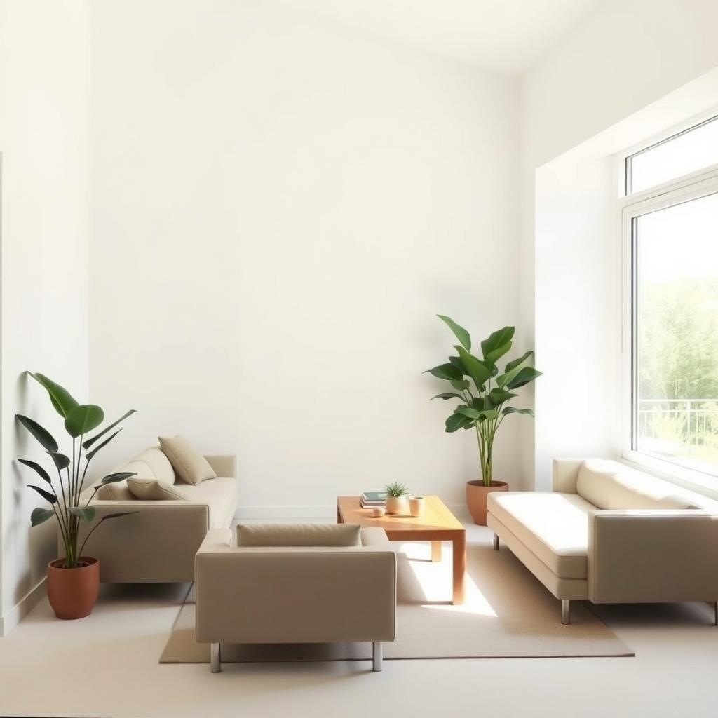 Ein gemütliches minimalistisches Wohnzimmer mit neutralen Farben, einem schlichten Sofa, einem Holztisch und einer großen Topfpflanze.