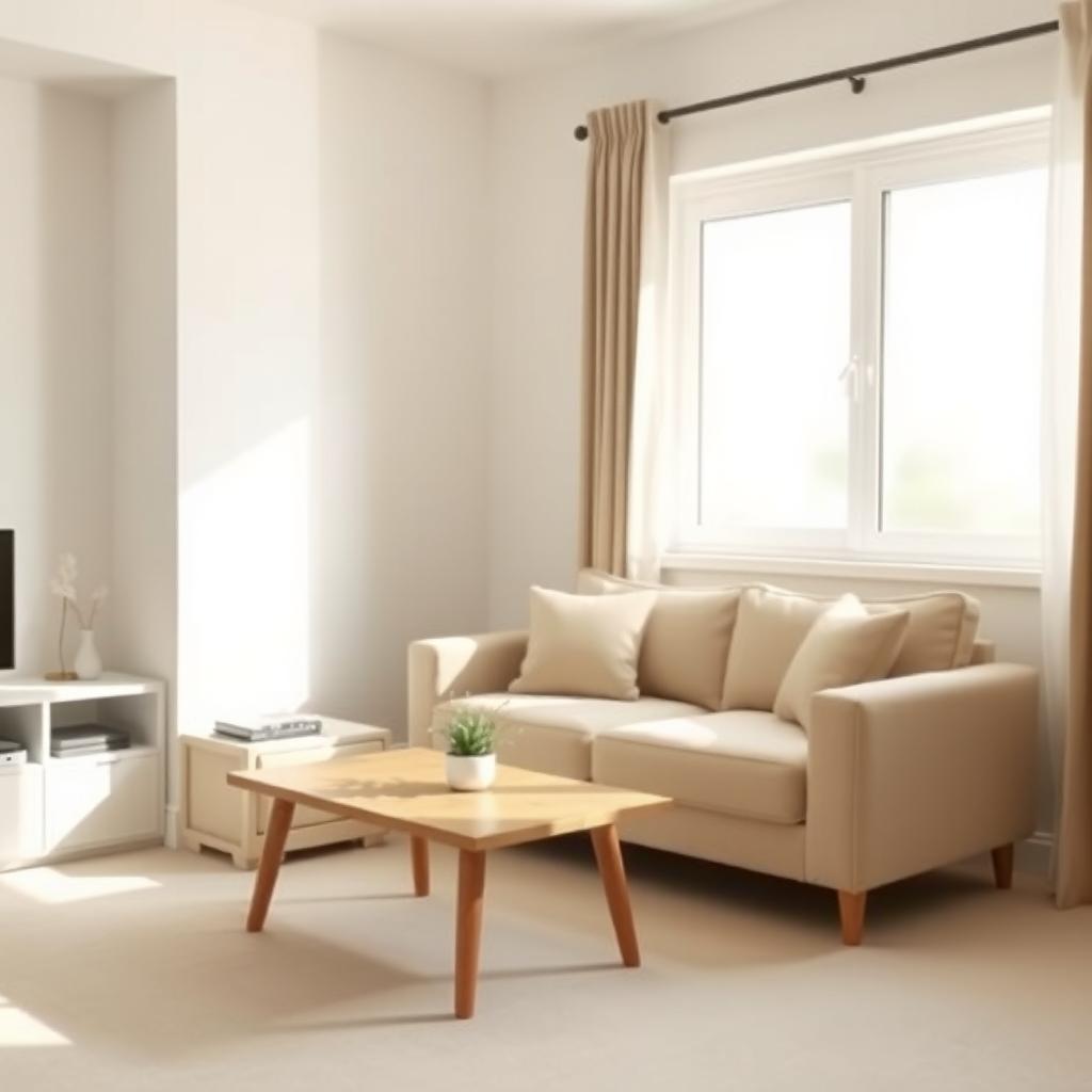 Ein gemütlicher, minimalistischer Wohnraum mit neutralen Farben, einem bequemen Sofa, einem kleinen Holztisch mit einer Pflanze und weichem Tageslicht, das durch ein großes Fenster fällt.