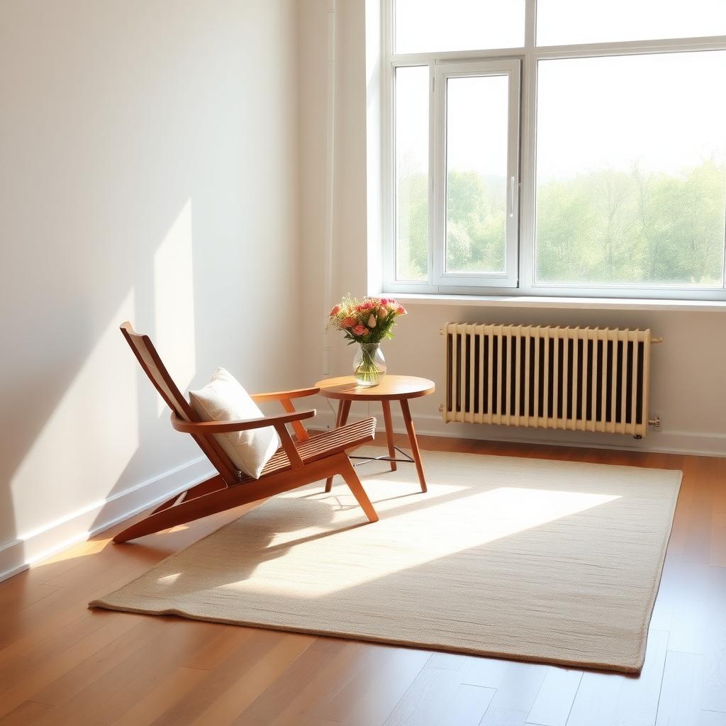 Ein minimalistischer Wohnraum mit einem einzelnen Holzstuhl, einem kleinen Tisch mit einer Vase frischer Blumen und einem weichen, neutralfarbenen Teppich auf einem Holzboden, durchflutet von natürlichem Licht.