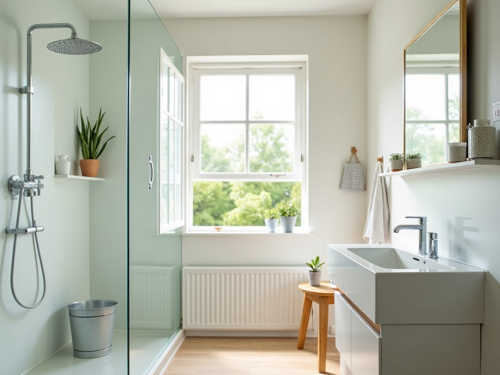 Badezimmer mit wassersparender Dusche und Regenwasser