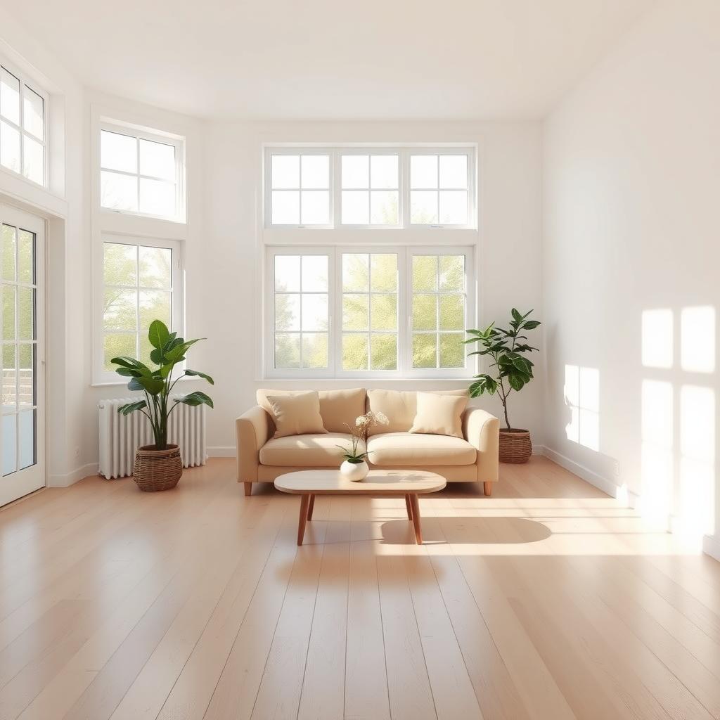 Ein minimalistisches Wohnzimmer mit hellem Holzboden, einem beigen Sofa, einem kleinen Couchtisch mit einer Pflanze und großen Fenstern, die Tageslicht hereinlassen.