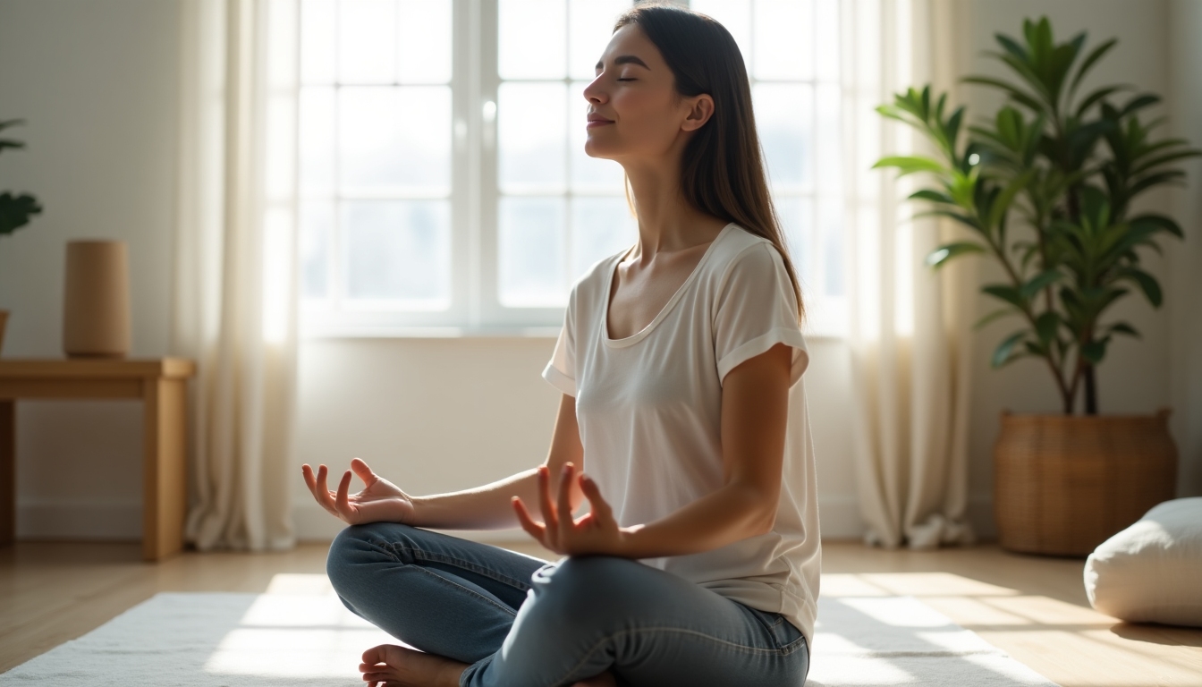 A person meditating in a decluttered room, showcasing the mental clarity achieved through minimalism.