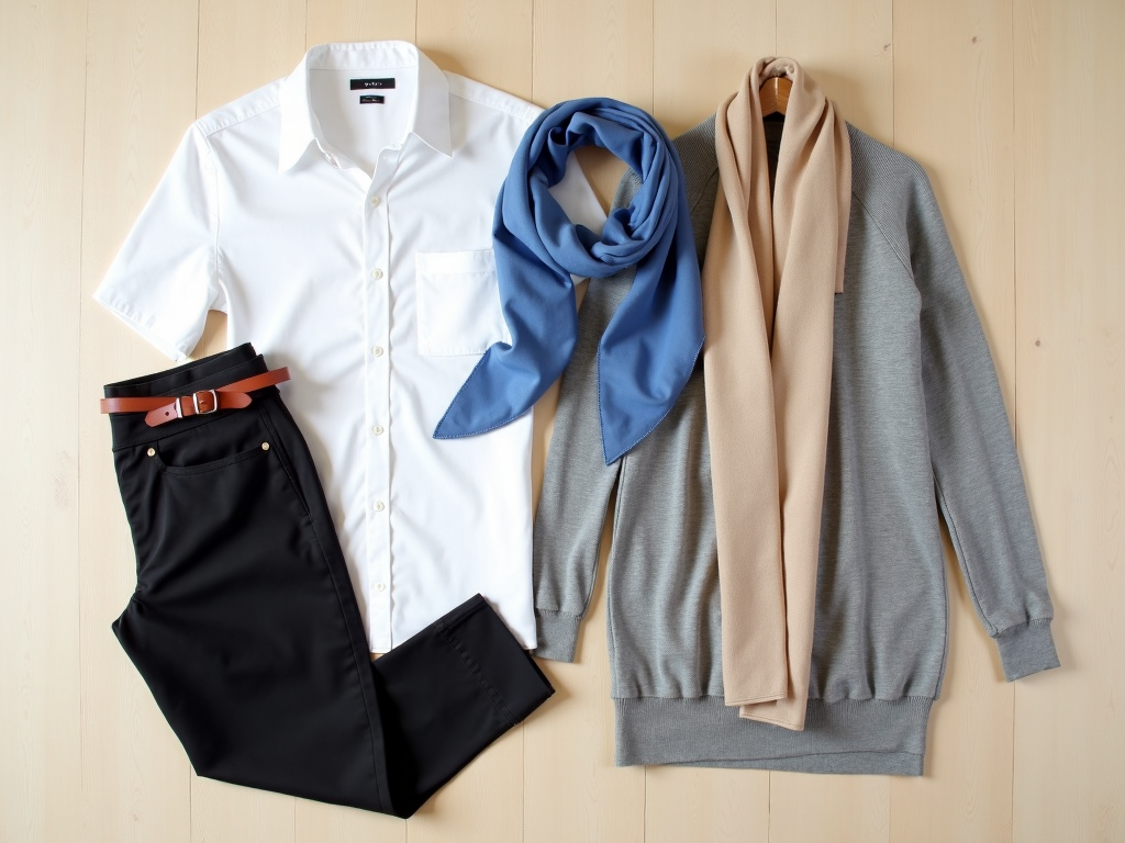 Flatlay eines minimalistischen Kleiderschranks mit neutralen Farben und einem Akzent.