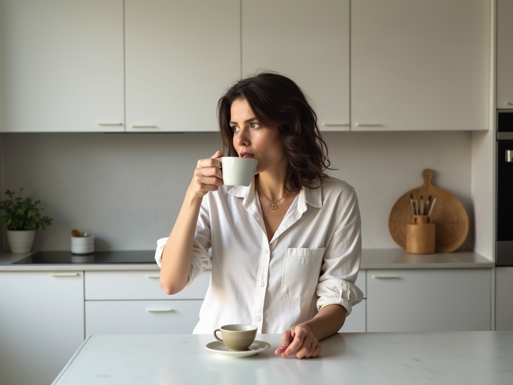 Eine Person genießt eine Tasse Tee in einer minimalistischen Küche