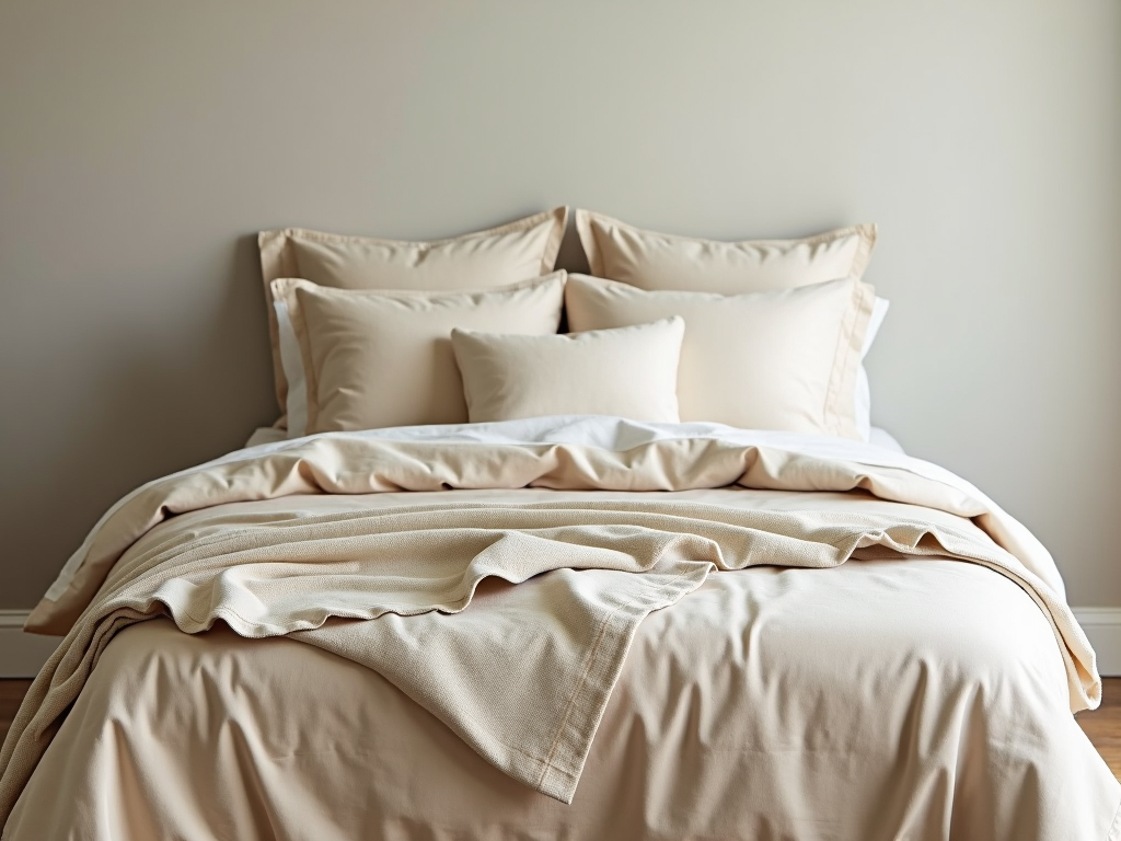 Ein Bett mit ordentlicher Leinenbettwäsche in Beige.