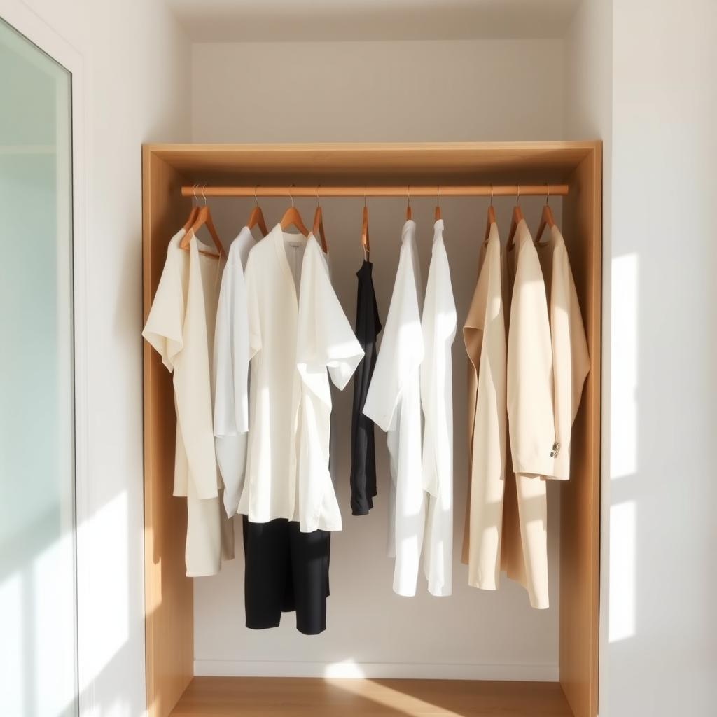 Ein ordentlich organisierter minimalistischer Kleiderschrank mit Holzbügeln, neutralfarbigen Kleidungsstücken und hellem Tageslicht.
