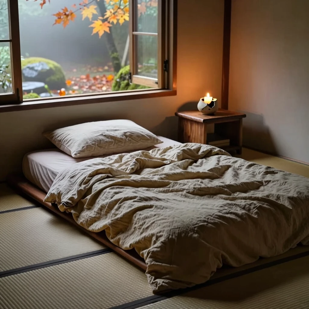 Ruhevolles Schlafzimmer mit Futon und natürlichen Materialien
