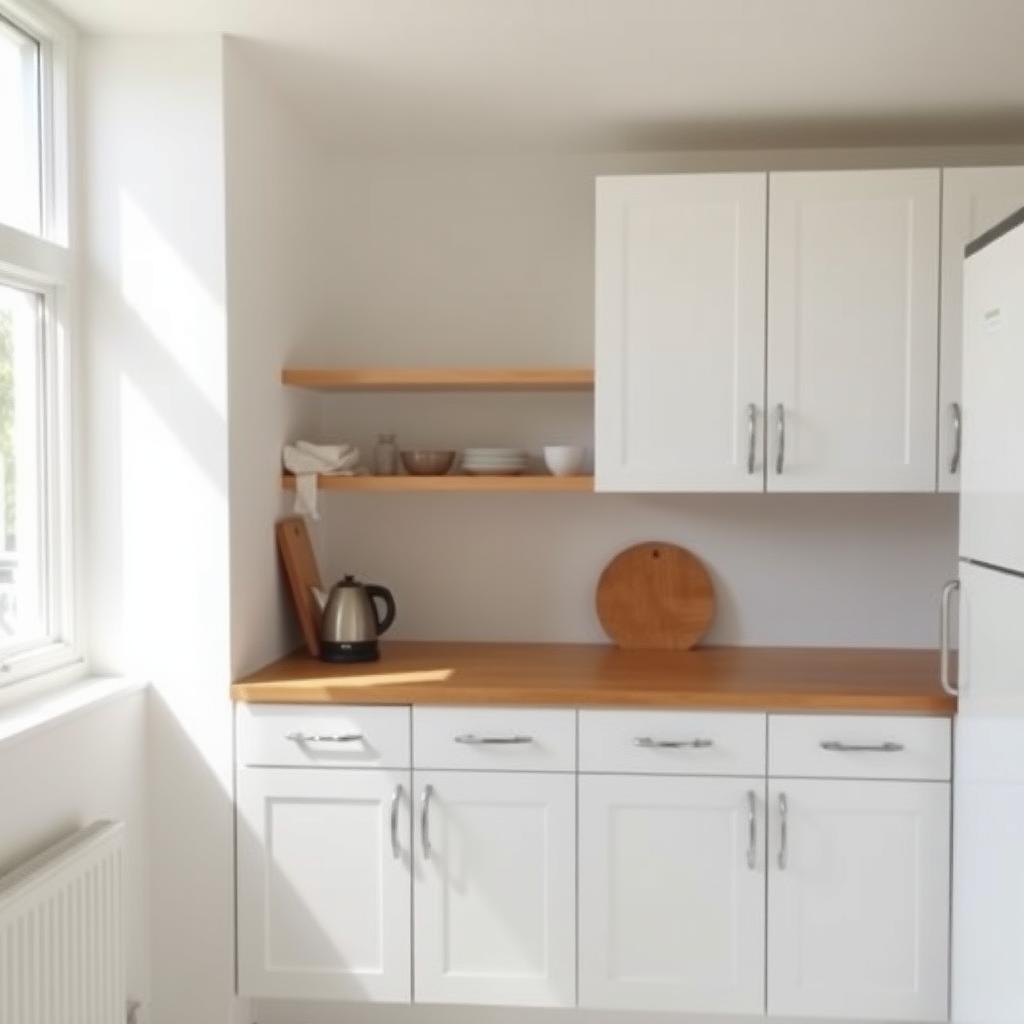 Ordentliche minimalistische Küche mit weißen Schränken, Holzarbeitsplatte und wenigen essenziellen Gegenständen.
