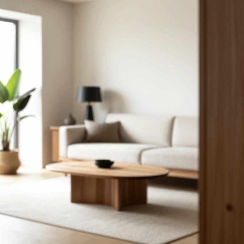 Ein ruhiges, minimalistisches Wohnzimmer mit neutralen Farben, Holzmöbeln, wenig Dekoration, natürlichem Licht und Pflanzen