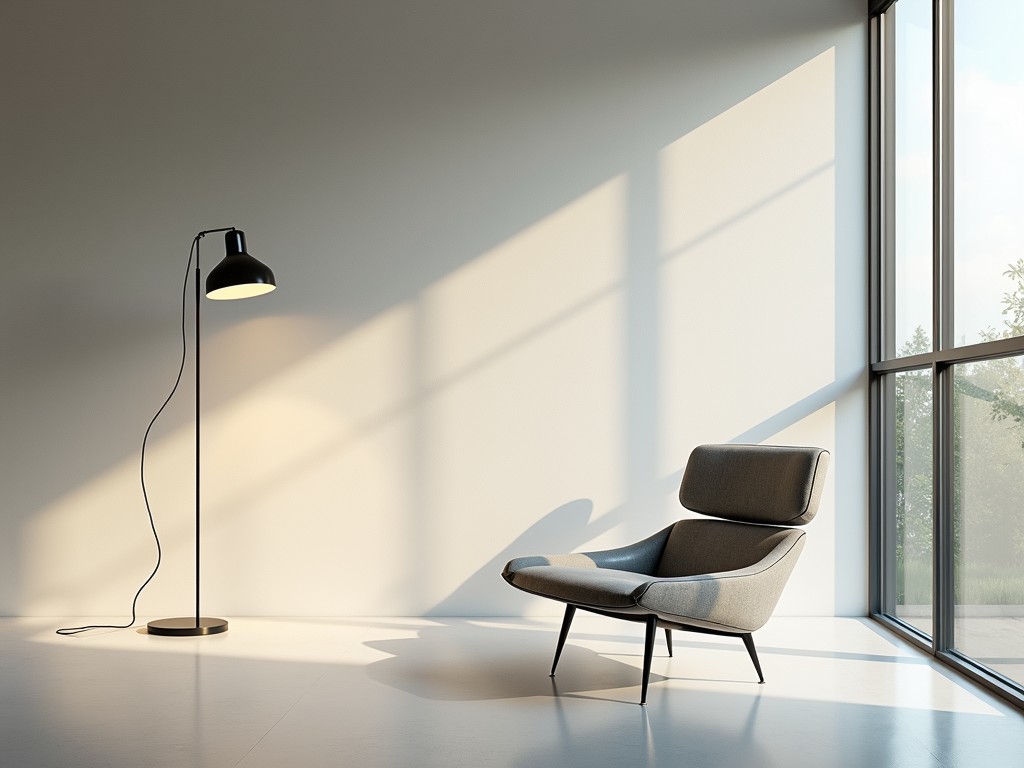 A serene, minimalist living room with just a chair, a lamp, and a small table.