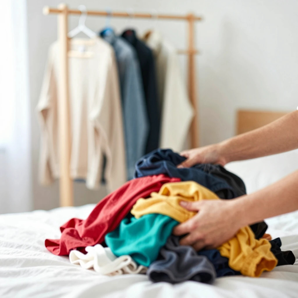 Person sortiert Kleidung aus und spendet sie – ein typischer Schritt im Minimalismus