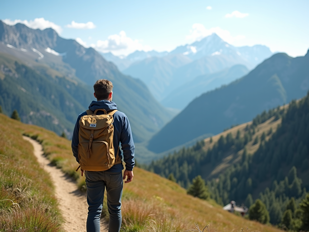 Ein Reisender mit kleinem Rucksack genießt die Aussicht in den Bergen