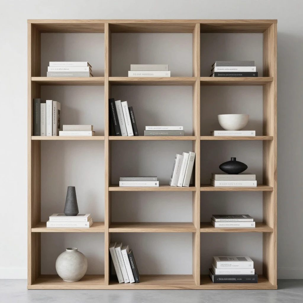 Ein ordentliches, minimalistisches Bücherregal mit wenigen ausgewählten Büchern und dezenter Dekoration