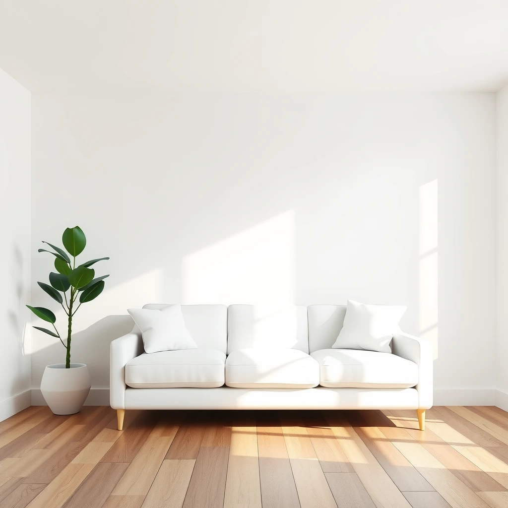 Ein helles, minimalistisches Wohnzimmer mit weißen Wänden, Holzboden, einfachem Sofa und einer einzelnen Pflanze